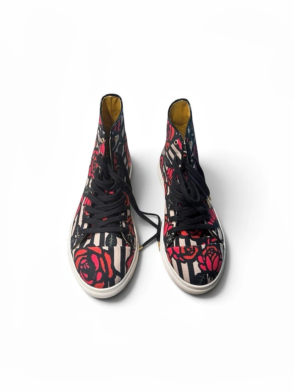 Charlotte Olympia Rose Print Canvas High-Top Sneakers EUC in Black & Red EU 38